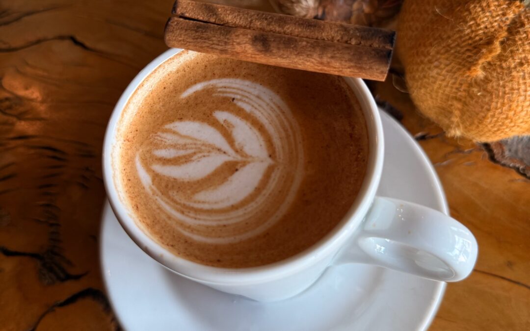 Top view of a latte showing its latte art with a cinnamon stick on top.